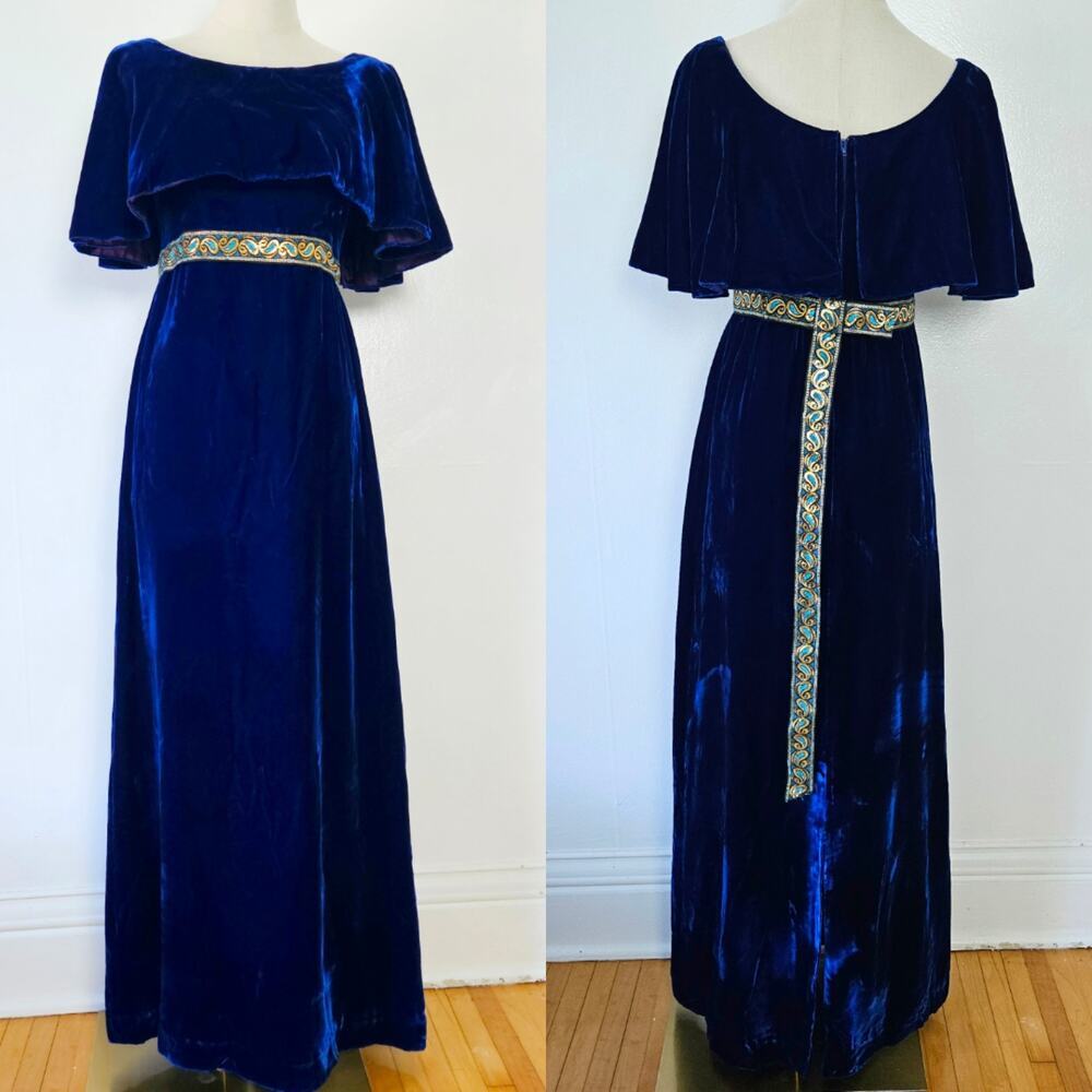 Vintage‎ 60s 70s Blue Velvet Cape Sleeve Maxi Dress Ribbon Back Sz 7 2/4 Costume